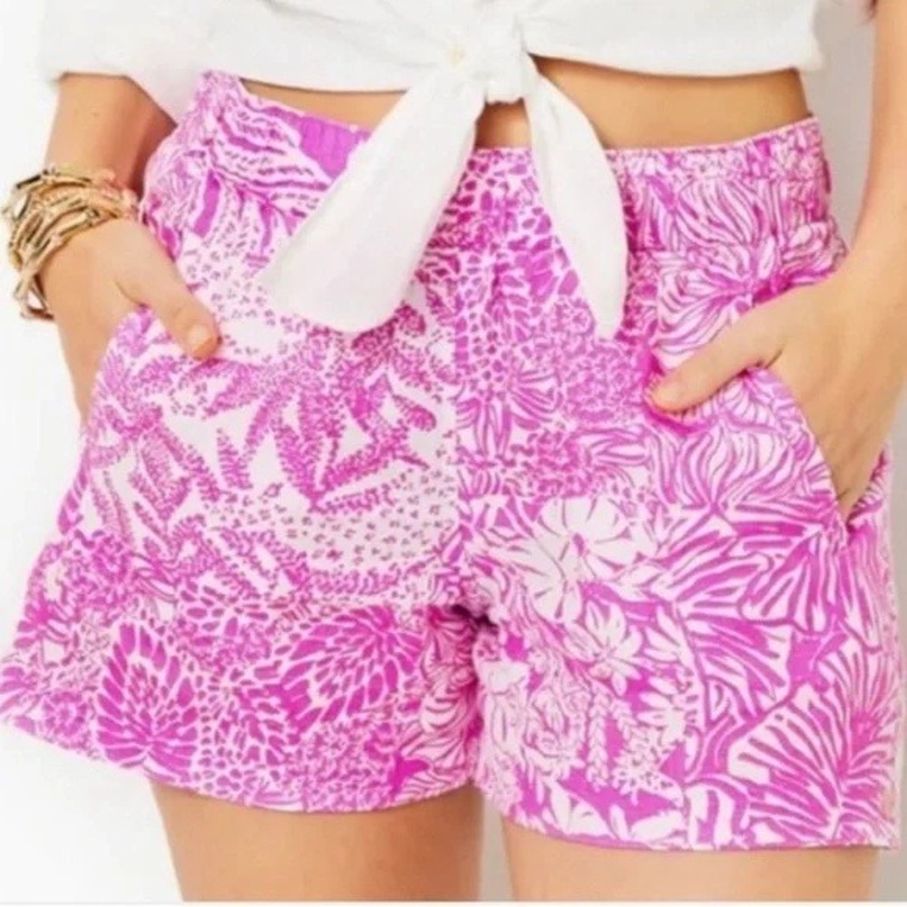 Lilly Pulitzer Lilo Linen Shorts XXS Wild Fuchsia Swipe Right Floral Pink Purple